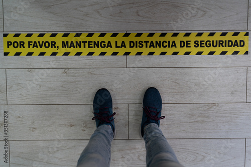 Sign to keep a safe distance in the business. Separation indicator to avoid getting infected by viruses, coronaviruses or covid19