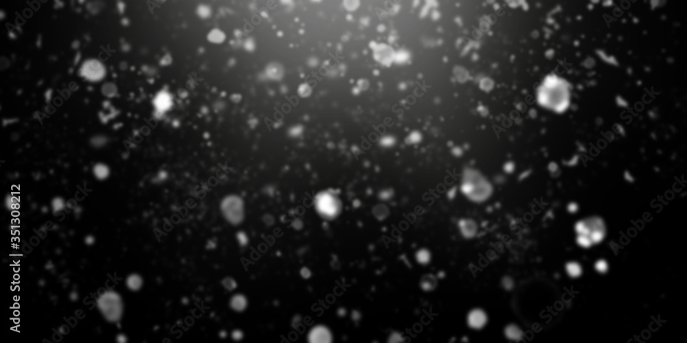 Black blurred background with falling white snow effect and diverging light rays . Horizontal banner