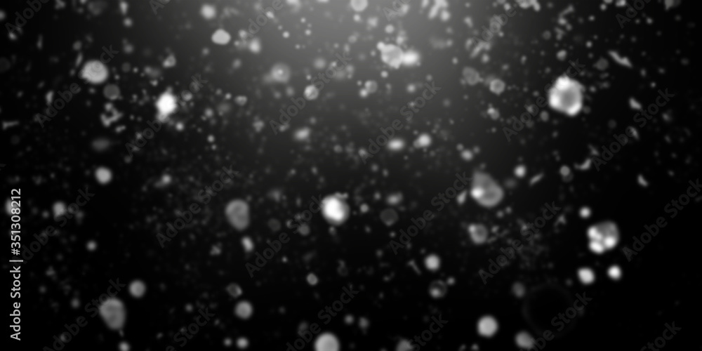 Obraz premium Black blurred background with falling white snow effect and diverging light rays . Horizontal banner
