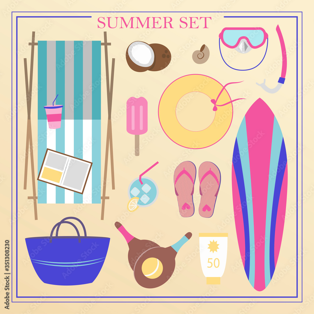 A set of flat beach summer items. Accessories for beach holidays by the sea. Swimsuit, diving cylinders, sunbed, camera and other icons for creating summer posters. Illustrations for ads, web, flyers A set of flat beach summer items. Accessories for beach holidays by the sea. Swimsuit, diving cylinders, sunbed, camera and other icons for creating summer posters. Illustrations for ads, web, flyers