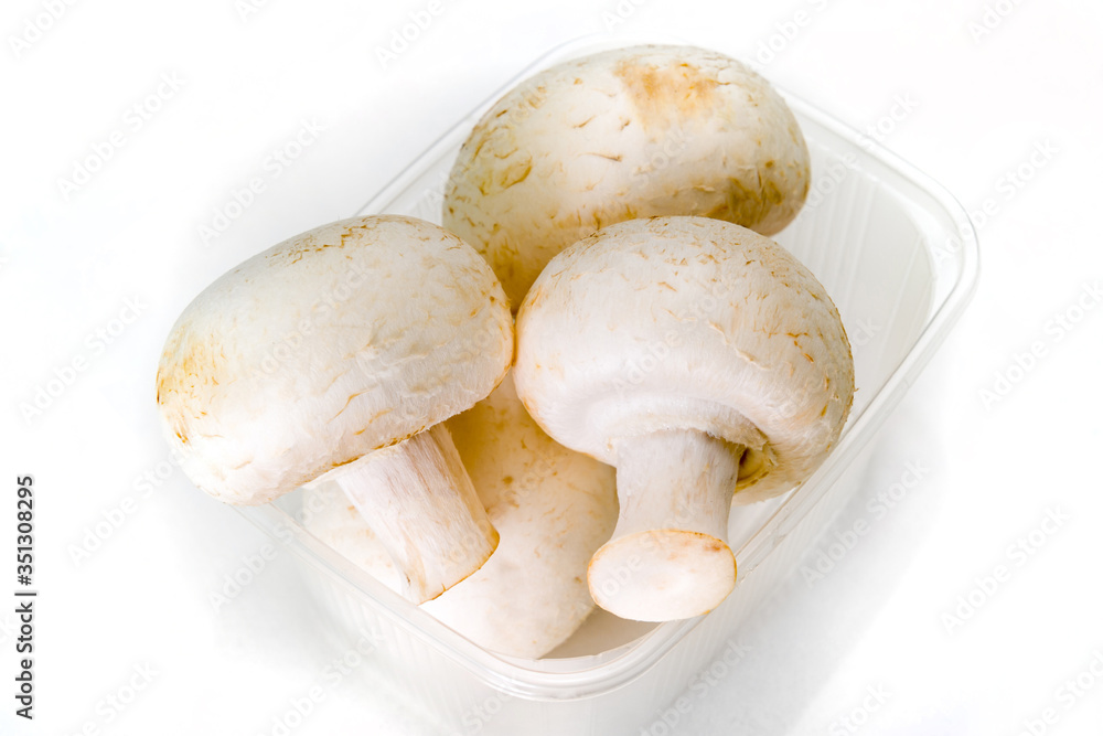 Fototapeta premium Fresh porcini mushrooms in a plastic transparent container on a white background.