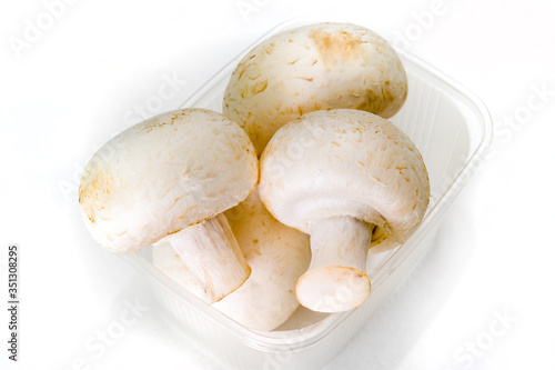 Fresh porcini mushrooms in a plastic transparent container on a white background.