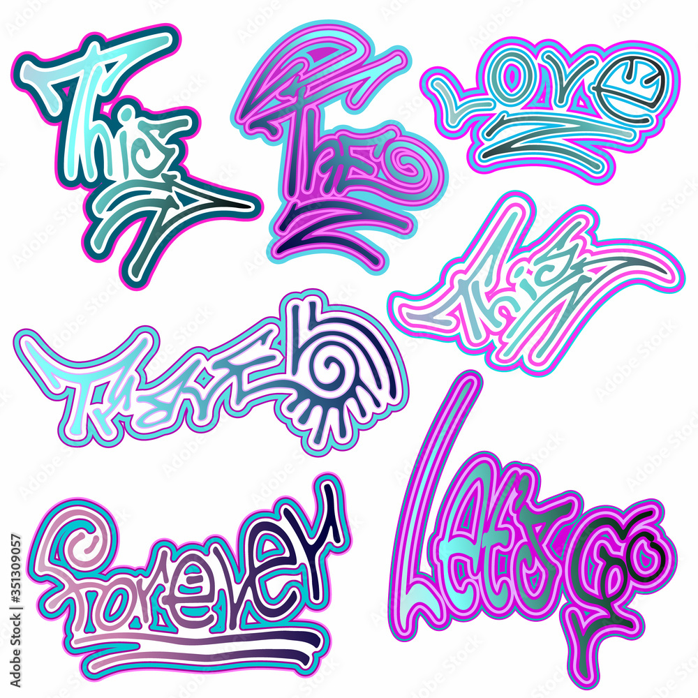 Colored set of different words- travel, love, forever, for, the, this,let's go. Hand drawn elements for typography, graphic design. Vector clipart.