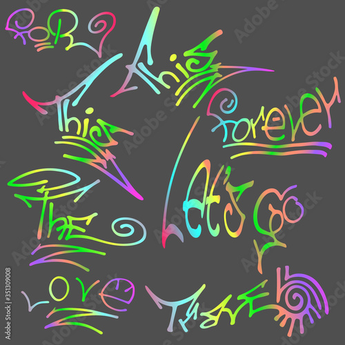 Colored set of different words- travel, love, forever, for, the, this,let's go. Hand drawn elements for typography, graphic design. Vector clipart.