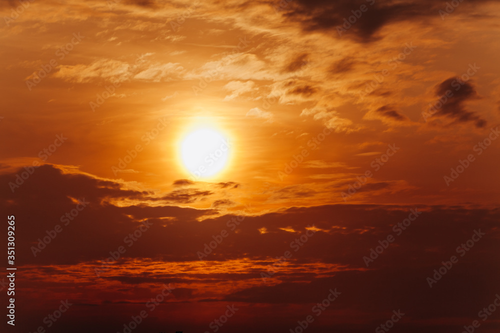Big Sun on sunset. Nature composition. Orange sunset.