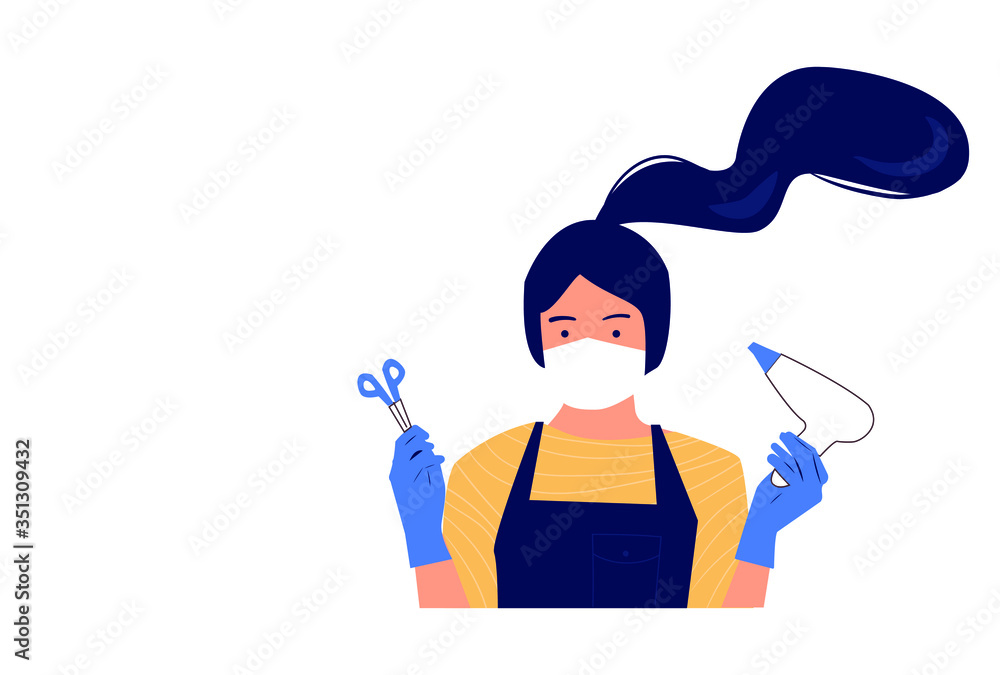 Fototapeta premium Masked hairdresser in gloves is ready to meet visitors. Opening after quarantine. Sanitary compliance. Cartoon flat style. Vector illustration. Banner for a beauty salon