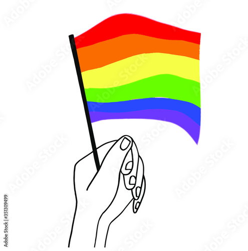 The hand holds the rainbow flag (Pride flag, freedom flag), a symbol of the LGBT community. The concept of celebrating the International day against homophobia. Vector illustration. Line art. 