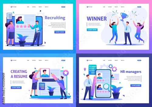 Set Flat 2D concepts HR managers, Recruiting, Creating a resume. For Landing page concepts and web design