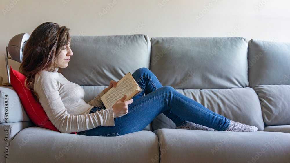 reading a novel on the sofa at home, next to a red cushion reading a novel on the sofa at home, next to a red cushion