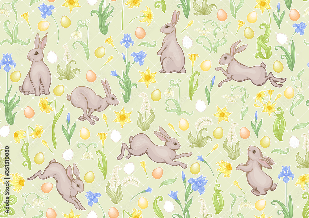 Seamless pattern with a hares, colored eggs and spring flowers for easter. Colored vector illustration. In art nouveau style, vintage, old, retro style. On soft green background. Seamless pattern with a hares, colored eggs and spring flowers for easter. Colored vector illustration. In art nouveau style, vintage, old, retro style. On soft green background.