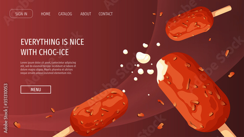 Website design with choc-ice for Ice cream parlor or shop, Sweet products, Dessert. Vector illustration for poster, banner, website, commercial, advertising, menu. 