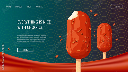 Website design with choc-ice for Ice cream parlor or shop, Sweet products, Dessert. Vector illustration for poster, banner, website, commercial, flyer, advertising, menu.  photo