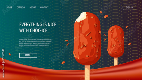 Website design with choc-ice for Ice cream parlor or shop, Sweet products, Dessert. Vector illustration for poster, banner, website, commercial, flyer, advertising, menu. 