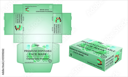 Disposable face masks box packaging  or box, isolated. Surgical masks, also known as a procedure masks. vector illustration