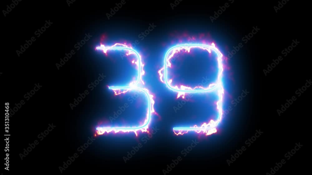 Blue lights form luminous numeral 39 on black background. Appears and disappears. Fiery style. 4k. Seamless loop. Blue lights form luminous numeral 39 on black background. Appears and disappears. Fiery style. 4k. Seamless loop.