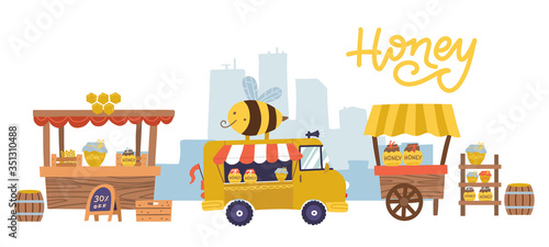 Sweet honey food market with many stalls and counters, showcases. Rural apiary healthy nutrition, agronom at shop or store for retail beehive products. Beekeeping theme. Vector flat illustration