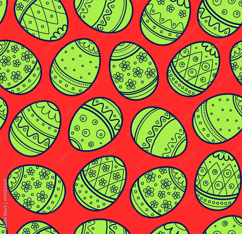 Easter pattern, seamless, green eggs, red background. The flat pattern. Illustration. Vector image. Easter pattern, seamless, green eggs, red background. The flat pattern. Illustration. Vector image.