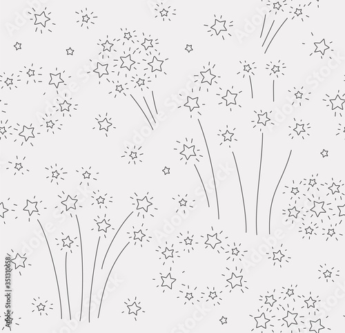 Fireworks  seamless pattern  grey. A scattering of stars on a gray field. Thin contour drawing. Holiday. Vector.  