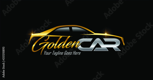 Golden Car Logo Sign in gold and silver color with black background