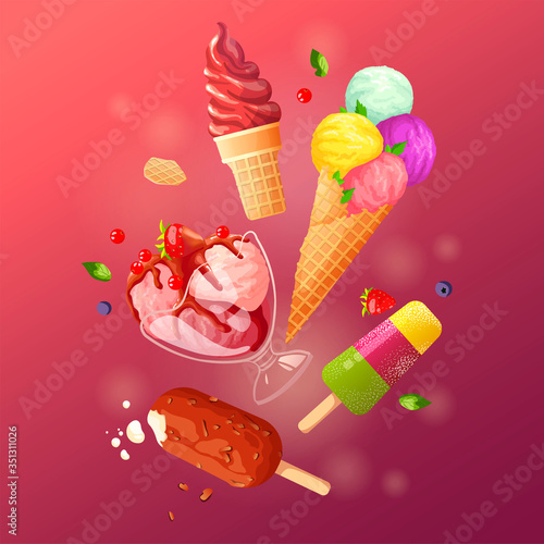 Set of various ice cream. Ice cream parlor or shop, Sweet products, Dessert concept. Vector illustration for poster, banner, advertisement, commercial, menu, card. 