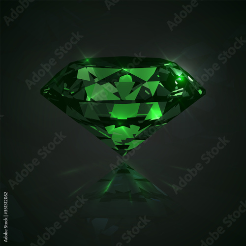 Realistic emerald vector illustration. Shiny green gemtsone with reflection on dark background.