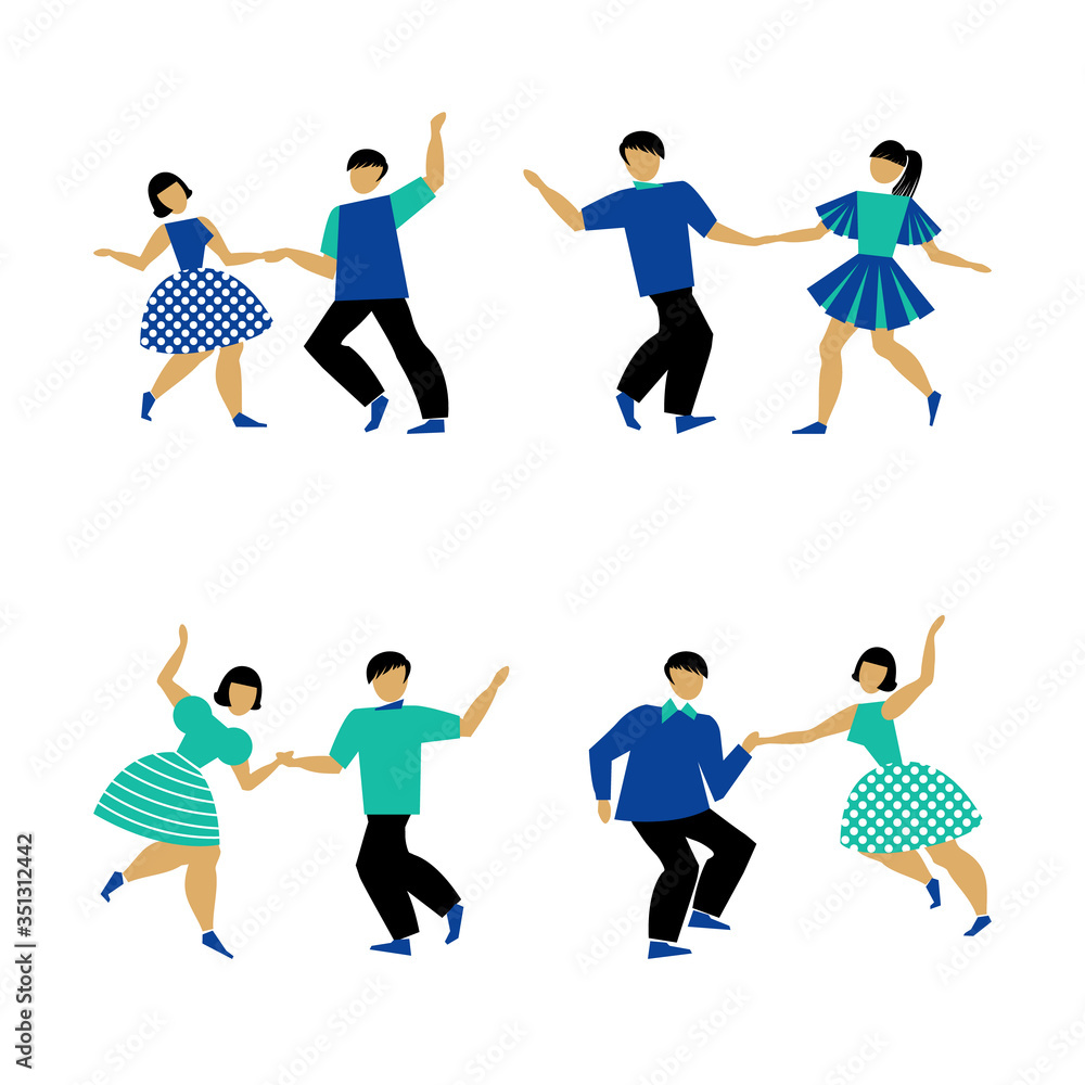 Dancing couple set on white background. The guy and the girl are dancing swing, rock and roll or Lindy hop. Male and female performing dance party. Vector illustration in flat style Dancing couple set on white background. The guy and the girl are dancing swing, rock and roll or Lindy hop. Male and female performing dance party. Vector illustration in flat style