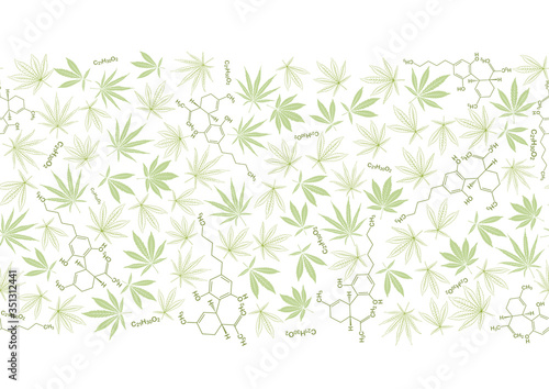 Cannabis leaves and cbd, cannabidiol formula seamless pattern, background. Vector illustration in green colors. Isolated on white background.