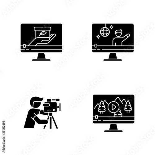 Filmmaking and videography black glyph icons set on white space. Concert streaming. Nature documentary movie. Professional cameraman. Silhouette symbols. Vector isolated illustration