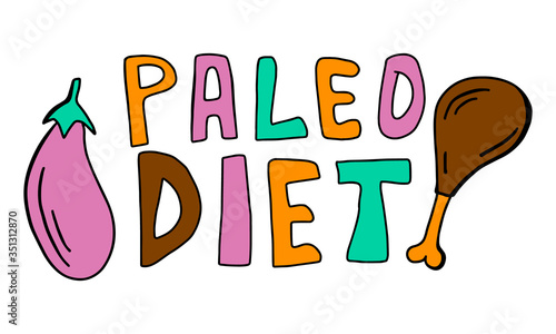 Paleo nutrition concept vector illustration. Eggplant, chicken leg and colorful text paleo diet isolated on white background. Cartoon style.