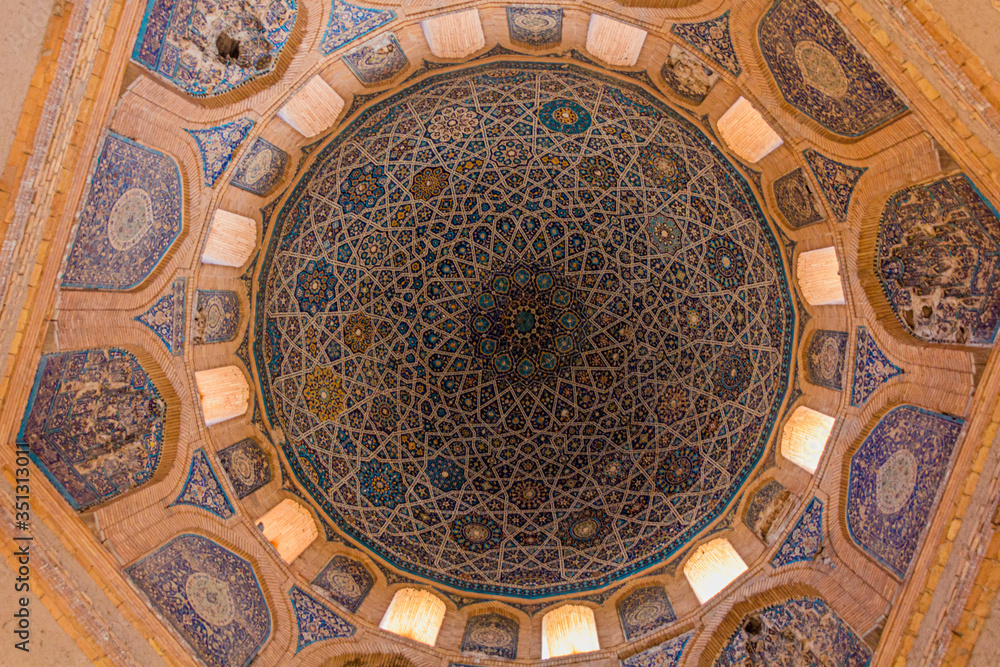 KONYE-URGENCH, TURKMENISTAN - APRIL 20, 2018: Cupola of Turabeg Khanum Complex (Mausoleum) in Konye-Urgench, Turkmenistan