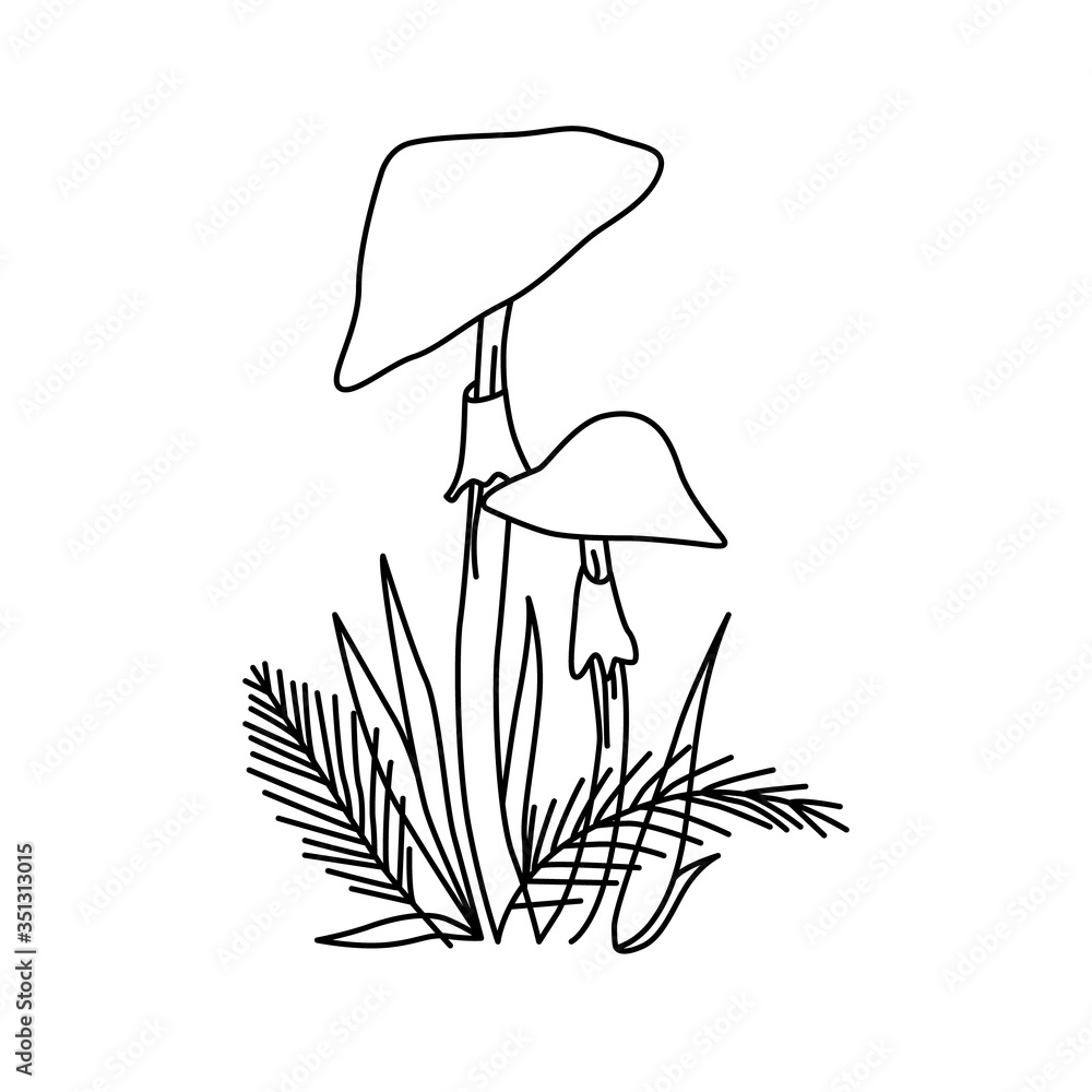Black and white linear image of two toadstools with leaves and grass ...