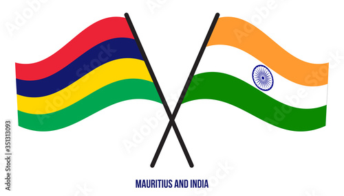 Mauritius and India Flags Crossed And Waving Flat Style. Official Proportion. Correct Colors