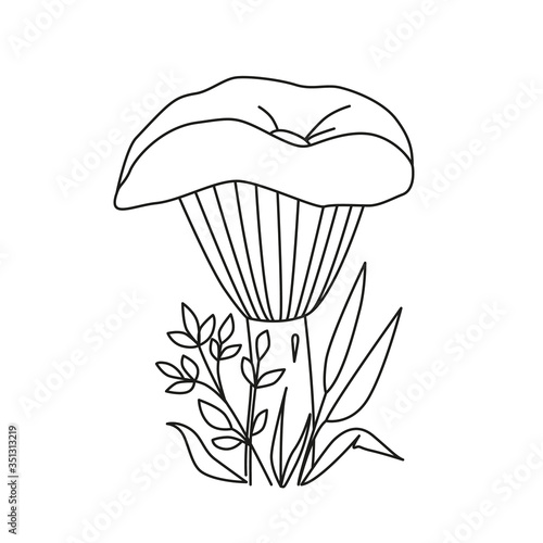 Black and white image of Russula mushroom with grass and leaves around. Idea for children's creativity, coloring books, learning.
