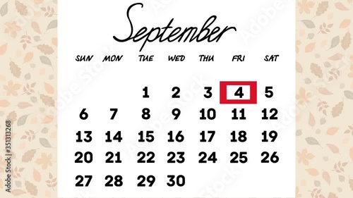 calendar for the month of September.in turn, the numbers of the month change one by one.animated video in 2D