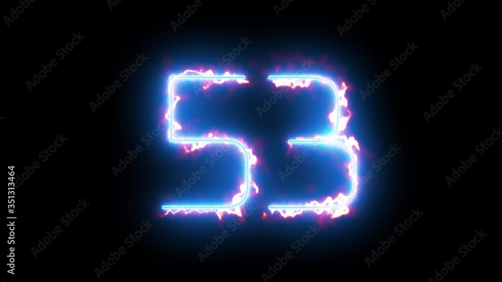 Blue lights form luminous numeral 53 on black background. Appears and disappears. Fiery style. 4k. Seamless loop. Blue lights form luminous numeral 53 on black background. Appears and disappears. Fiery style. 4k. Seamless loop.