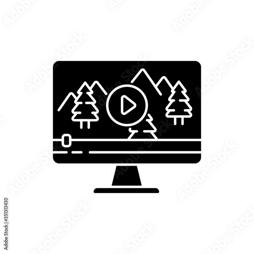 Nature documentary black glyph icon. Travel blog video watching. Ecology and tourism non-fictional movie. Wildlife videography. Silhouette symbol on white space. Vector isolated illustration