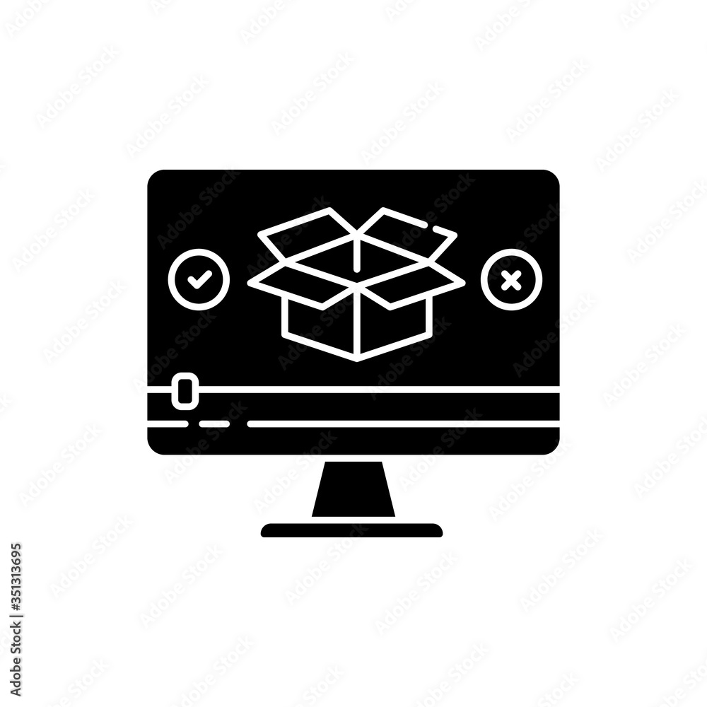 Product video black glyph icon. Parcel unboxing. Goods review. Box unpacking. Digital marketing content. Purchase feedback. Silhouette symbol on white space. Vector isolated illustration Product video black glyph icon. Parcel unboxing. Goods review. Box unpacking. Digital marketing content. Purchase feedback. Silhouette symbol on white space. Vector isolated illustration