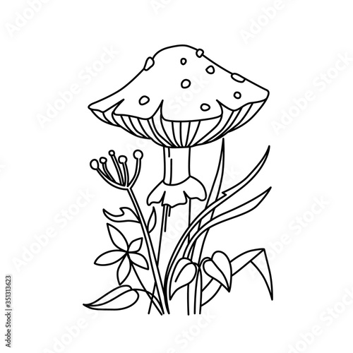 Black and white image of a beautiful fly agaric mushroom with leaves and grass.

