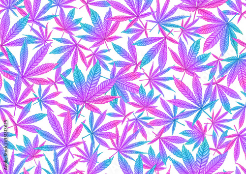 Cannabis leaves seamless pattern, background. Vector illustration in neon, fluorescent colors.