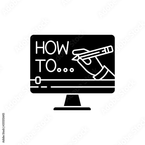 Explainer video black glyph icon. Internet course watching. Online teaching. DIY blog content. Digital lesson. Distance learning. Silhouette symbol on white space. Vector isolated illustration