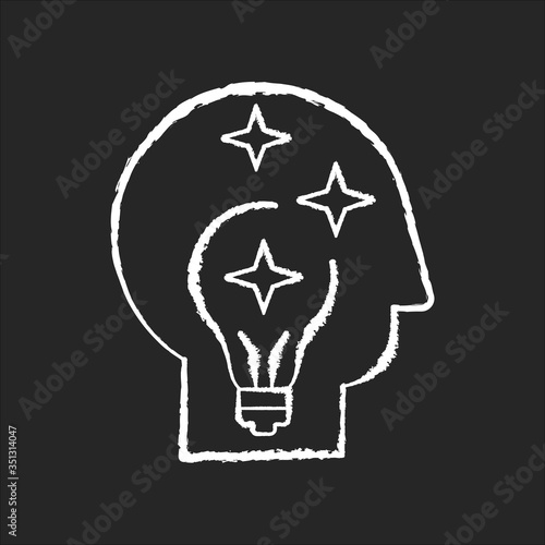 Idea generation chalk white icon on black background. Insight while brainstorming. Human head with innovative thought. Imagination for project development. Isolated vector chalkboard illustration