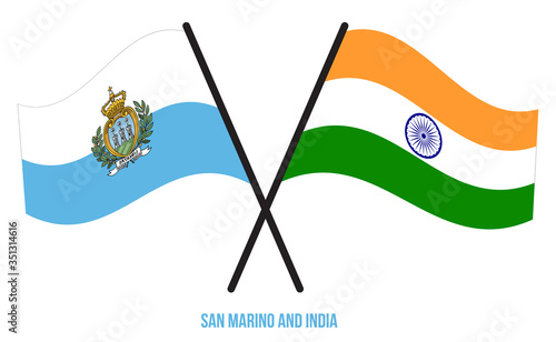 San Marino and India Flags Crossed And Waving Flat Style. Official Proportion. Correct Colors