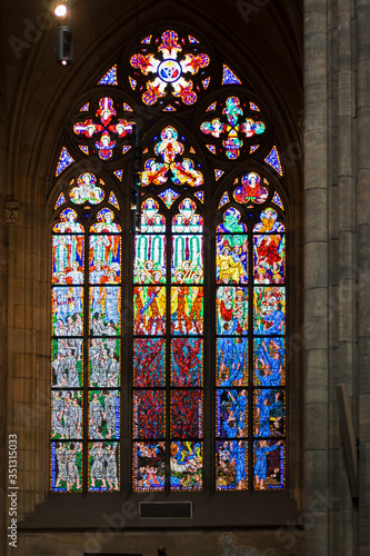 Stained glass windows in St. Vitus Cathedral in Prague