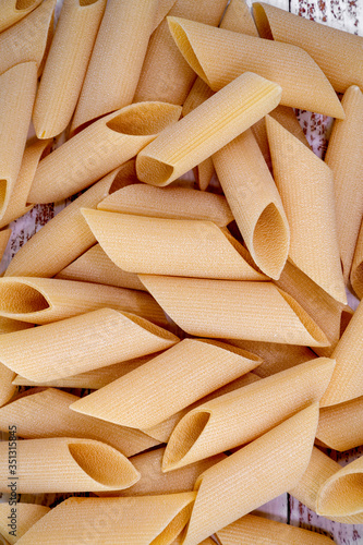 Gragnano Pasta Pennoni, specialty of Italian cuisine. Top view.