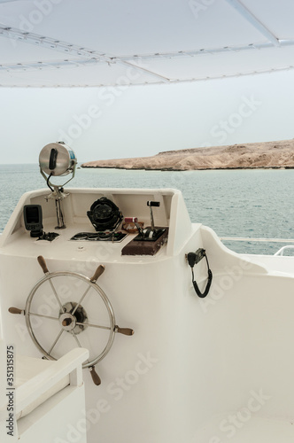 Rest on the white yacht (ship) in the Bay of Sharm El Sheikh. Photo on a sunny day..Holidays in 2018.