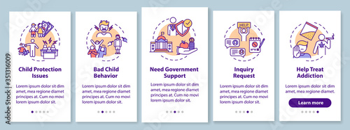 Need assistance onboarding mobile app page screen with concepts. Request government support walkthrough 5 steps graphic instructions. UI vector template with RGB color illustrations