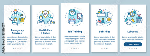 Public service onboarding mobile app page screen with concepts. Humanitarian aid. Community assistance walkthrough 5 steps graphic instructions. UI vector template with RGB color illustrations