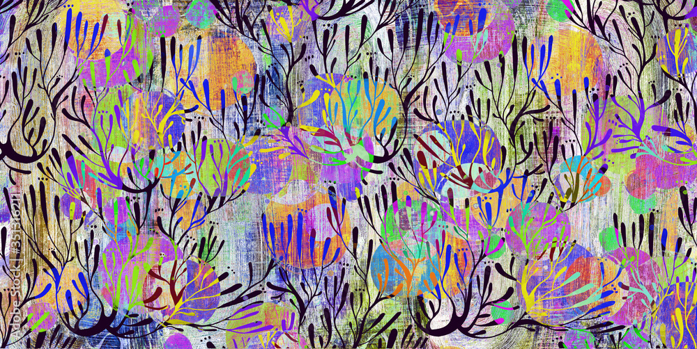 Vivid imprint of the paint blots concept in grunge style with coral seaweed in the ocean or tree branches. Vivid imprint of the paint blots concept in grunge style with coral seaweed in the ocean or tree branches.