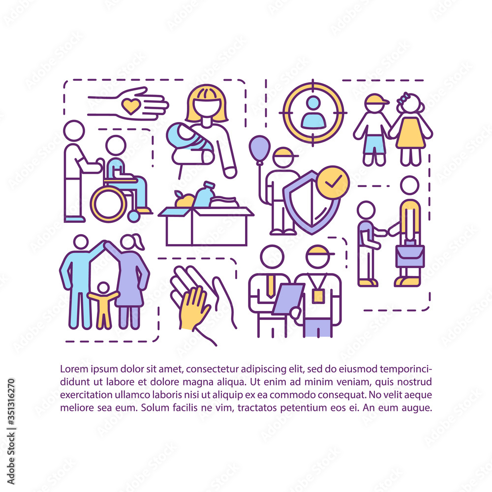 Social service for family concept icon with text. Assistance for people with special need. PPT page vector template. Brochure, magazine, booklet design element with linear illustrations Social service for family concept icon with text. Assistance for people with special need. PPT page vector template. Brochure, magazine, booklet design element with linear illustrations