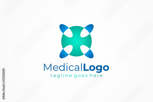 Medical Logo Health Symbol Pharmacy Icon. Green Cross Sign with Blue and White Negative Space Drugs Icon isolated on White Background. Flat Vector Logo Design Template Element